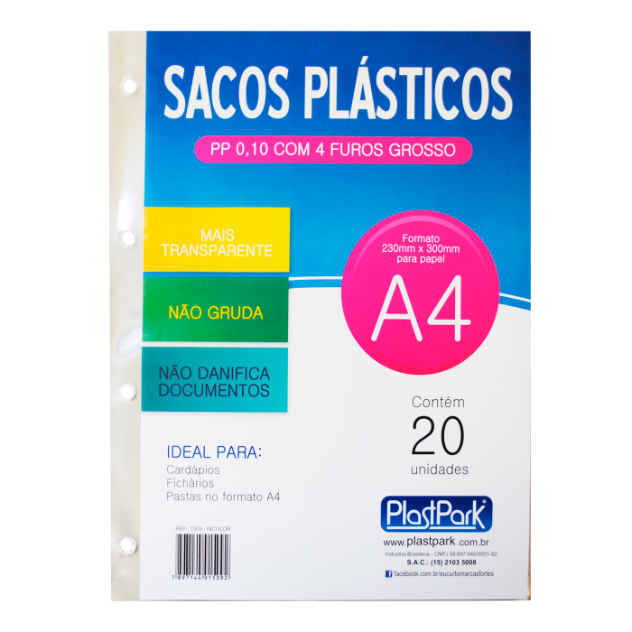 SACO PLAST 4 FUROS A4 230x300 PP GROSSO 0,10 - PACOTE COM 20 UN