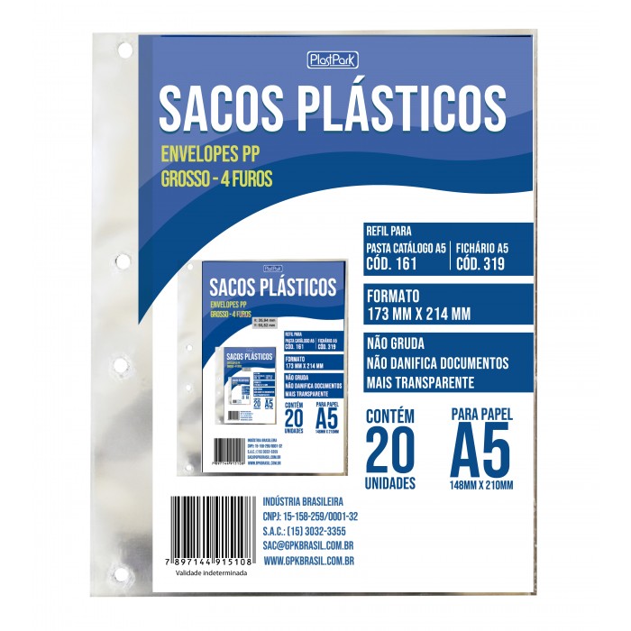 SACO PLAST 4 FUROS A5  PP GROSSO 0,10 (REFIL 319 e 161) - PACOTE COM 20 UN