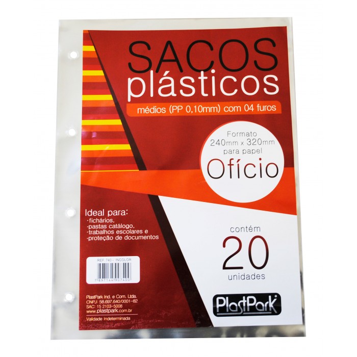 SACO PLAST 4 FUROS A4 240x320 PP GROSSO 0,10 - PACOTE COM 20 UN