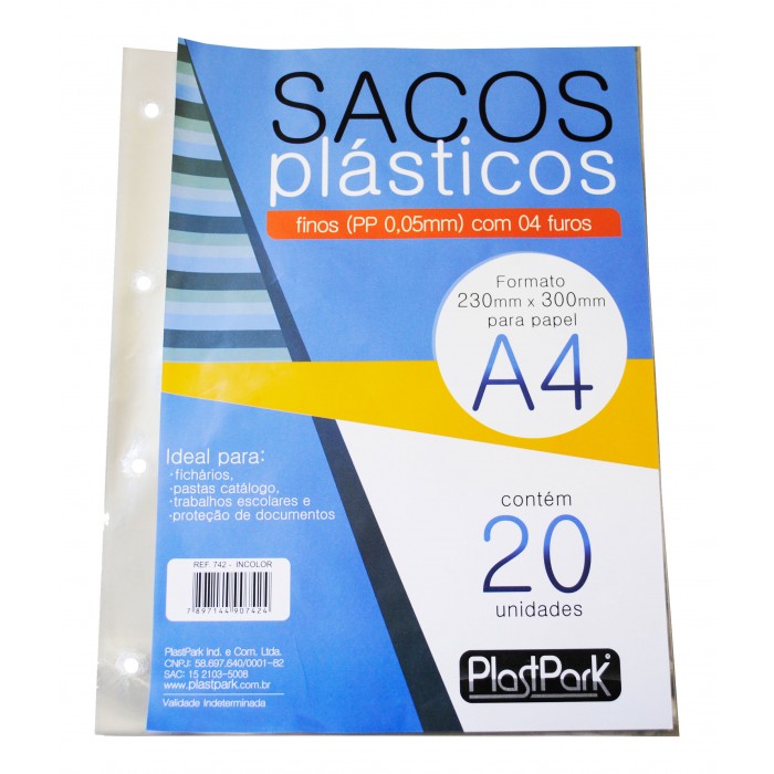 SACO PLAST 4 FUROS A4 230x300 PP FINO 0,06 - PACOTE COM 20 UN